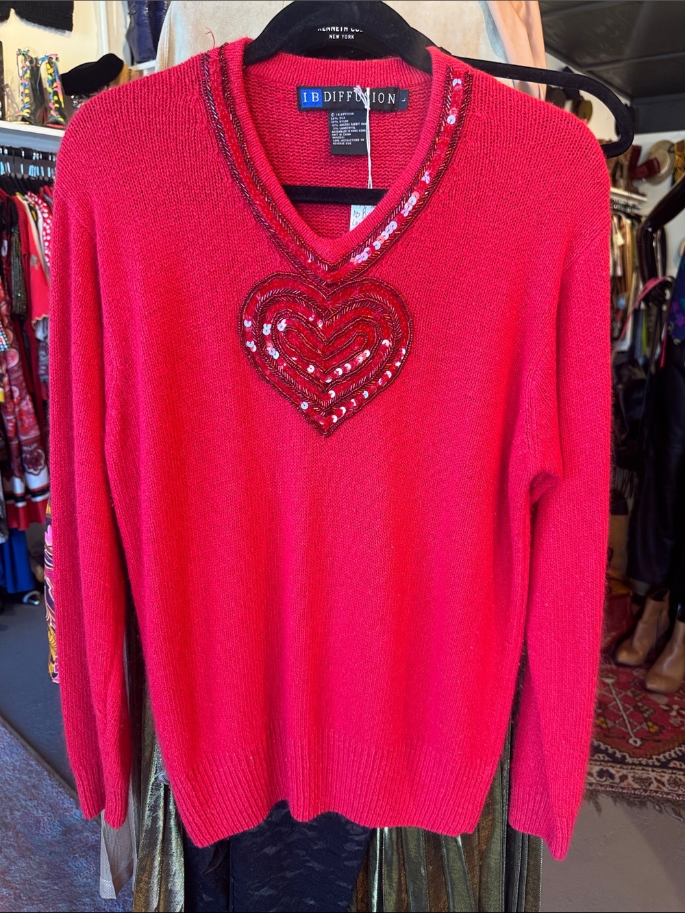 IB Diffusion Women's Fuchsia Sequin Heart V-Neck Sweater